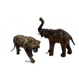 Leather Wrapped Elephant and Leopard Figurines