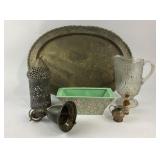 Brass Tray, McCoy Planter, Glass Pitcher +