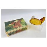 Music Jewelry Box, Amber Glass Hen Lid