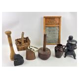 Rustic lot Washboard, Mallets, Cowbell, Decanter