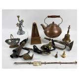 Copper Brass Teapot, Horns, Bell, Candle Holder +