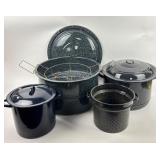 Large Enamel Stock Pots, Strainer, Rack