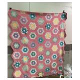 Hand-Stitched Pink Hexagonal Pattern Quilt
