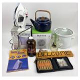 Enamelware Kettle, Purdue Mug, Backgammon Game