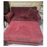 Red Velour Loveseat With One Throw Pillow & Red