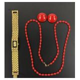 Elgin Diamond quartz watch, enameled bead necklace