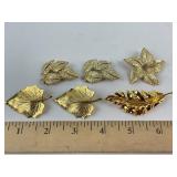 6 Vintage Gold Toned Leaf Brooch Pins
