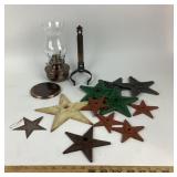 Metal Barn Stars And Decorative Oil Lamp