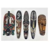 2 Carved Masks, 3 Tribal Wall Art Hangers