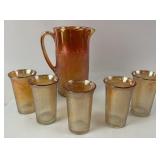 Iridescent Marigold Glass Pitcher, Tumblers