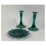 Green MCM Glass Candlesticks, Teal Federal Glass P