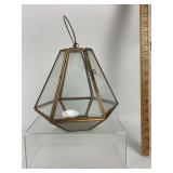 6 sided brass toned and glass hanging candle