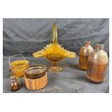 Amber Glass Basket, Brown Glass Bottles, Lidded Ja