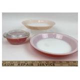 Fire King Peach Lustre Pie Plate & Pyrex Flamingo