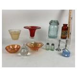 Red flared lip glass vase, mason shakers,