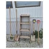 Wood Step Ladder, Metal Rake, Metal Shovels (2) &
