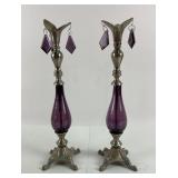Purple Art Glass Silver Tone Tall Candle Holder