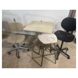 2 rolling chairs, stool, folding table