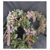 Holiday Wreaths With Pinecones, Bows, Greenery