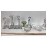 Glass Candle Holders & Green Hobnail Toothpick Hol