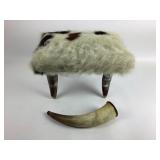 Hair-On-Hide Stool With Horn Legs And Powder Horn