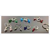 .925 Sterling Silver earrings: Green, blue and red