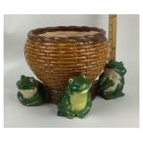 Ceramic Basket-Style Planter With Frog Accents