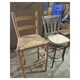 Hi Top Wood Stools (2) One With Woven Rope Seat