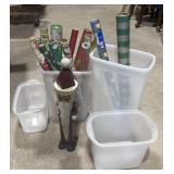 Wrapping Paper, 2 storage totes, Wooden Santa