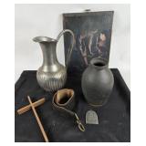 Metal Pitcher, Black Vase, Wall Plaque, Cross, Bel