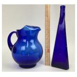 Cobalt Blue Triangular Glass Vase, Blue Pitcher