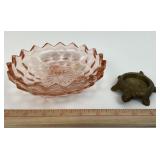 Brass Tortoise Trinket Dish, Pink Depression Glass