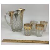 EAPG Gold-Trimmed Crystal Pitcher And Glasses