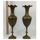Brass Etched Vase Pair With Flared Rims