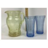 Depression Glass Pitcher, Blue Tumblers