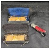 Gold-Toned Eyeglasses With Cases, Folding Knife