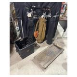 3 golf bags, wooden creeper, foldable cart