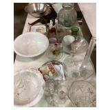 Glassware, Ceramic Bowls, Wood Figurines, Brass Ca