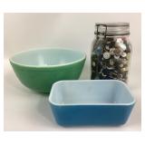 Pyrex Mixing Bowls, Glass Jar with Buttons