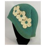 Vintage Aqua Rubber Swim Cap w/ Flower Accents