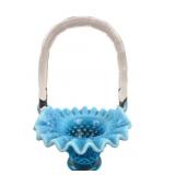 Blue Opalescent Glass Basket With Clear Handle