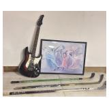 Electric Guitar, 3 Hockey Sticks, Framed Art