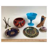 Limoges Tray, Mexican Pottery, Blue Opaline Goblet