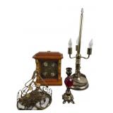 Handcrafted Clock, Brass Lamp, Wire Basket, Candle