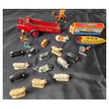 Diecast Red Tipper Truck, Tin Ship, Animal Figures