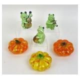 MCM Frog Figurines Set & 3 Glass Art Pumpkin