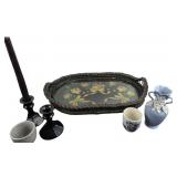 Decorative Tray, Ebony Candlesticks, Ceramic Cups,