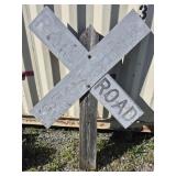 Raolroad Crossing Metal Sign On Railroad Tie Post