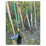 Yard Rakes (3), Cable Cutters Hoe, Pitch Fork,