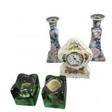 Floral Ceramic Candlesticks, Green Glass Holders,